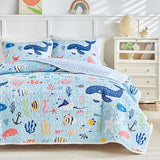 Joyreap 3 Pieces Full/Queen Size Cotton Quilt Set, World of The Sea Theme Ocean Blue Design, Cozy Lightweight Bedding Set Quilt Bedspread Bed Cover for for Kids Boys n Girls- 90x90 inches Joyreap
