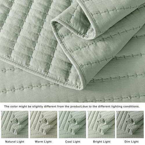 ROARINGWILD Sage Green Twin Size Quilt Bedding Sets with 1 Pillow Sham, Lightweight Soft Bedspread Coverlet, Quilted Blanket Thin Comforter Bed Cover for All Season, 2 Pieces, 68x90 inches ROARINGWILD