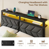 Seventable Full Size Bed Frame with Charging Station & LED Lights, Upholstered Headboard with Storage Shelves, Metal Platform with Under Bed Storage, No Box Spring Needed, Easy Assembly, Dark Grey Seventable