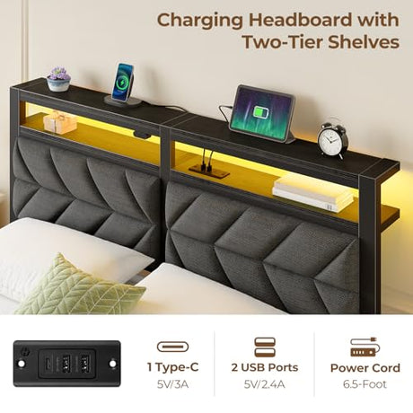 Seventable Full Size Bed Frame with Charging Station & LED Lights, Upholstered Headboard with Storage Shelves, Metal Platform with Under Bed Storage, No Box Spring Needed, Easy Assembly, Dark Grey Seventable