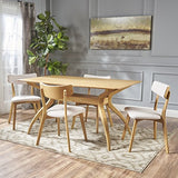 Christopher Knight Home Nissie Mid-Century Wood Dining Set with Fabric Chairs, 5-Pcs Set, Natural Oak Finish / Light Beige GDFStudio