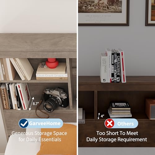 GarveeHome Full Size Bed Frame with High Storage Bookcase Headboard, Wood Bed Frame with 4 Storage Drawers, Built in Charging Station, No Box Spring Needed, Metal Frame, Noise-Free, Grey GarveeHome