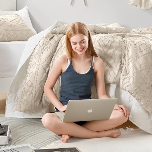 Comfort Spaces Twin/Twin XL Comforter Set for College Tufted Boho Dorm Comforter Set Twin XL Size, All Season Lightweight Bedding Set Soft, Matching Sham Beige 2 Piece Comfort Spaces