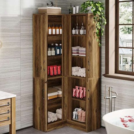 Tribesigns Corner Pantry Cabinet, 67" Tall Kitchen Pantry with Doors and 5-Tier Storage Shelves, Farmhouse Wooden Corner Bar Cabinet for Home, Living Room, Bar, Kitchen, Rustic Brown Tribesigns