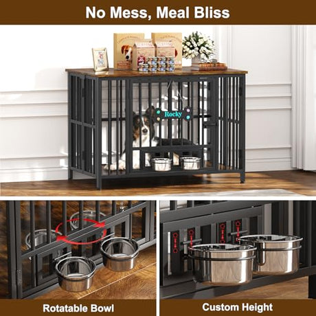 Easycom Dog Crate Furniture Foldable, No Assembly Decorative Dog Kennel Indoor, Dog Crates for Large Dogs(35-60 lb), Wooden Dog Cage with Adjustable Bowls and Name Tag, End Table, Rustic Brown EasyCom