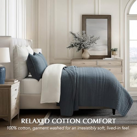 EVERGRACEHOME 100% Cotton Modern Lines Quilt Set King Size, Pre-Washed Soft Striped Coverlet Bedspread, 3 Piece Lightweight Bedding Set for All Season, with 2 Pillow Shams, Midnight Blue EVERGRACEHOME