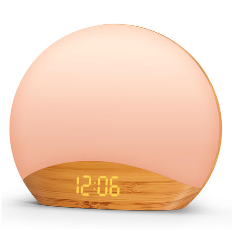 REACHER Wood Grain Sunrise Alarm Clock and Sound Machine Nightlight, Digital Dimmable Clock for Bedroom, 26 Sleep Sounds, White Noise Machine for Baby, Adults, Wake Up Light Alarm Clock for Kids REACHER