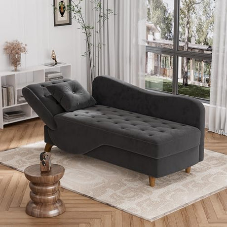 DAMAIFROM Chaise Lounge Chair Indoor with Storage, Adjustable Armrest Recling Reading Chair Sleeper Sofa Bed with Pillow, 3 in 1 Velvet Futon Lounge Chair for Living Room Playroom, Black DAMAIFROM