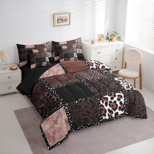 Brown Leopard Print 7 Pieces Bedding Set Queen Size,Animal Skin Texture Bed in a Bag,Patchwork Geometric Bed Set Includes Comforter,Sheet Set,Pillowcases & Pillow Covers,Farmhouse Bedroom Decor Erosebridal