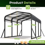 Jocoevol Heavy Duty Metal Carport Canopy, 10x15 FT Outdoor Car Port with Waterpoorf Metal Roof& Side Support Rods, Multi-Use Shelter Outdoor Garage for Car, Boats and Truck Jocoevol