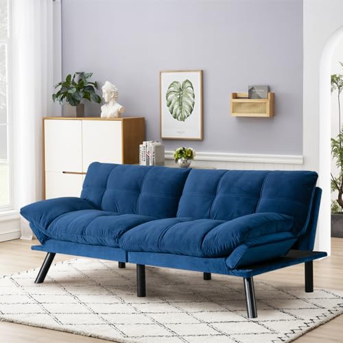 SoarFlash 67 Inch Futon Double Sofa Bed, 2 in 1 Velvet Loveseat Sofa with Adjustable Backrest for Living Room Bedroom Office Apartment Compact Couch(Blue) SoarFlash
