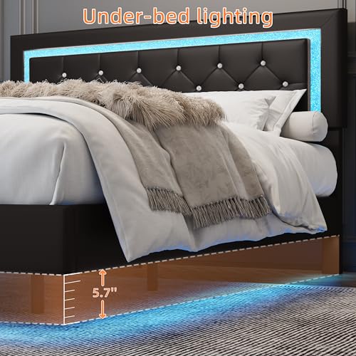 AILUNWALL Floating Bed Frame Full with LED Light, Upholstered Queen Bed Frame with Headboard, Solid Wood Slats Support, Noise-Free, Easy Assembly, No Box Spring Needed (Black, Full) AILUNWALL