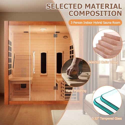 Wood Home Hybrid Sauna for 3 Person, Far Infrared & Steam Dual System Indoor Traditional Saunas, 3KW 9 Heating Elements and 6KW Heating Stove, Speaker, Oxygen Bar, Water Bucket, Rocks, Red Cedar Smartmak