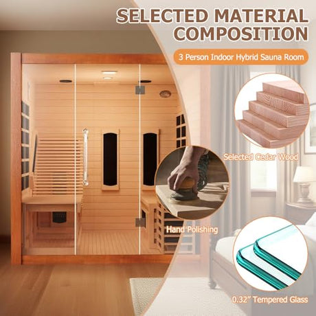 Wood Home Hybrid Sauna for 3 Person, Far Infrared & Steam Dual System Indoor Traditional Saunas, 3KW 9 Heating Elements and 6KW Heating Stove, Speaker, Oxygen Bar, Water Bucket, Rocks, Red Cedar Smartmak
