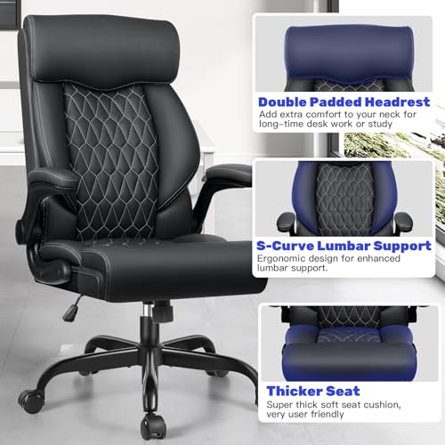 High Back Executive Office Chair - Ergonomic Computer Desk with Rocking Function, Leather Managerial with Adjustable Flip-Up Armrests and Lumbar Support BestGlory
