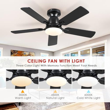 Ceiling Fans with Lights- 46" Low Profile Indoor Ceiling Fan with Light and Remote/APP Control, Flush Mount, LED Dimmable DC Reversible Modern Ceiling Fan for Bedroom（Black） Mpayel