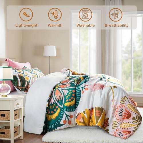 Tyrot Boho Floral Queen Comforter Set - 3 Piece Farmhouse Botanical Bedding Comforter Sets for All Season Soft Lightweight Mid Century Modern Bed Set, (1 Reversible Comforter and 2 Pillow Shams Tyrot