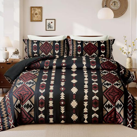 Tyrot Queen Comforter Set – 3 Piece Black Red Boho Aztec Bedding, Western Southwestern Style Comforter Sets, Soft Lightweight Comforter for All Seasons, 1 Comforter & 2 Pillow Shams Tyrot