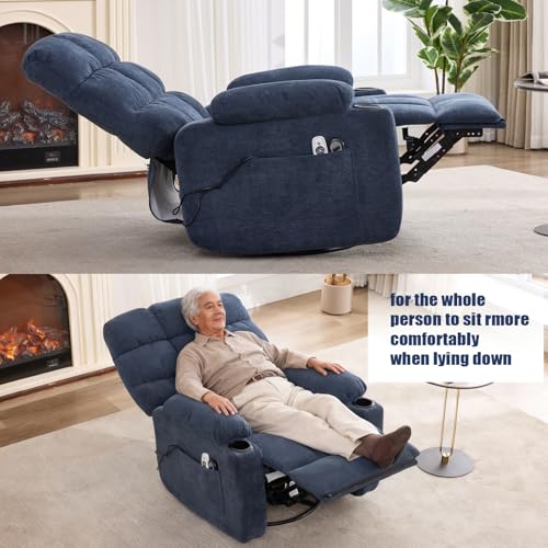 Sang Seiyoga Heat Massage Recliner Chair with Rocker & Swivel, Wall Hugger Small Recliner for Small Spaces, Manual Living Room Chair, Navy Blue, Ergonomic Design for Relaxation