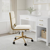 Martha Stewart Lulu Swivel Task Chair with Height Adjustable Seat for Home Office in Off White Faux Leather with Polished Brass Frame Martha Stewart