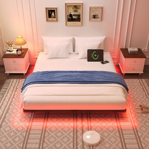 Awesofurni Floating Bed Frame Queen Size with LED Lights and Charging Station, Heavy Duty Modern Metal Platform Bed No Box Spring Needed - Easy Assembly and Noise Free Awesofurni