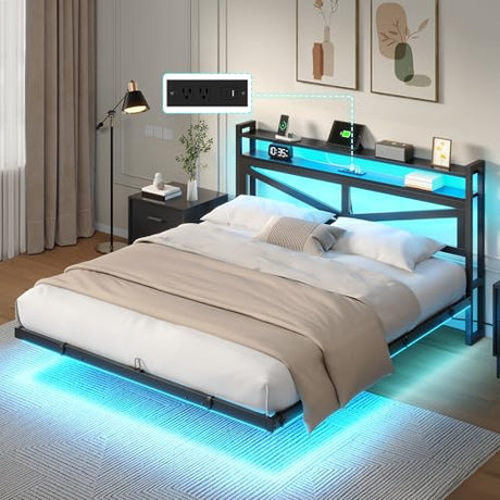 DWVO Queen Size Floating Bed Frame with RGB LED Lights and Charging Station, Upholstered Platform Bed Frame with 2-Tier Storage Shelf Headboard, Solid Metal Slats, Noiseless, Easy Assembly, Black DWVO