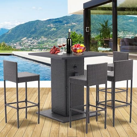 Koruiten 5-Piece Outdoor Wicker Bar Set with Built-in Bottle Opener and Hidden Storage - Brown Koruiten