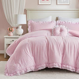 Intelligent Design Rowena Full Comforter Set – Blush Pink Gingham Ruffled Bedding, Vintage Farmhouse Style, Reversible All Season 4-Piece Bedding Set, Full/Queen, Gift for Her Intelligent Design