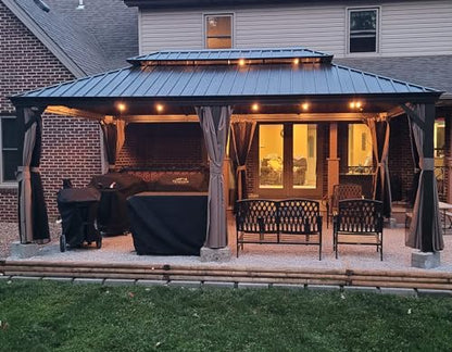 Domi Outdoor Living 14x20FT Hardtop Gazebo, Permanent Metal Gazebo with Galvanized Steel Double Roof and Aluminum Frame, Curtain and Netting, Large Pavilion Gazebo for Patio Deck Garden - WoodArtSupply