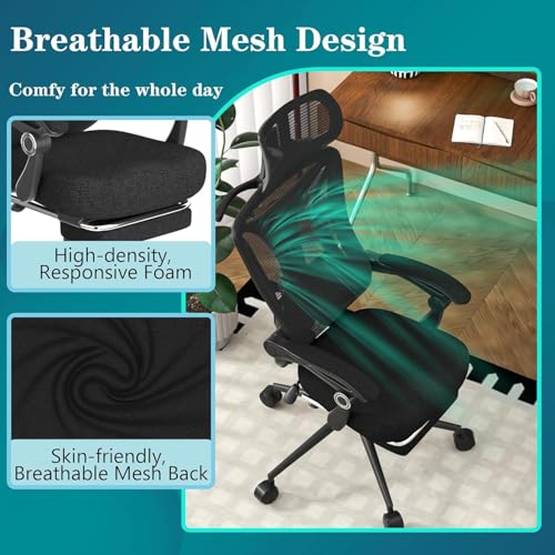 Ergonomic Office Chair with Footrest - Adjustable Lumbar Support & Headrest, 90-160° Reclining Mesh Back Computer Chair - Home Office/Gaming, 350lbs Capacity (SGS Certified) CYKOV