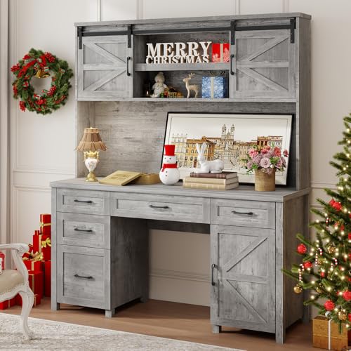 Farmhouse 67''H Executive Desk with Hutch & 5 Drawers, Rustic Office Desks Computer Desks with Charging Station, File Drawers and Storage Cabinets, Wood Workspace for Home Office & Study.（Grey）. Vabches