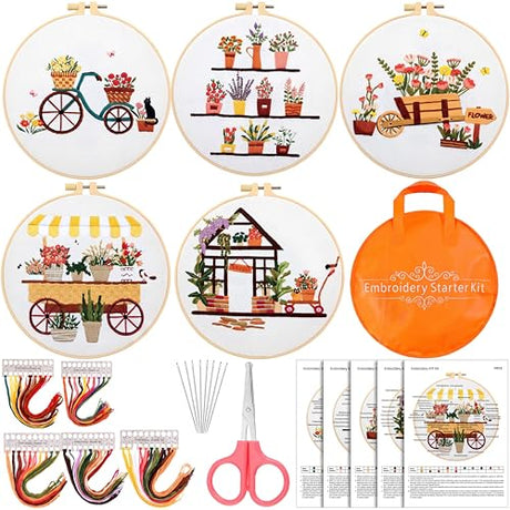 Kigley 5 Sets Embroidery Starter Kit for Adults Plant Lover Gifts for Women Beginners Flower Embroidery Shop Pattern Cross Stitch Set Flower Needlepoint Kits Kigley