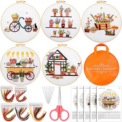 Kigley 5 Sets Embroidery Starter Kit for Adults Plant Lover Gifts for Women Beginners Flower Embroidery Shop Pattern Cross Stitch Set Flower Needlepoint Kits