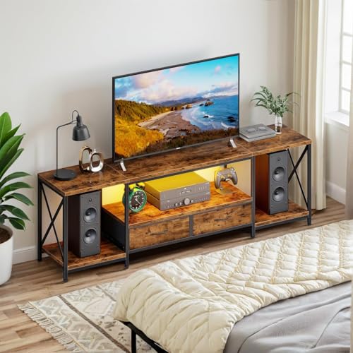 DSAFGGY LED TV Stand with Fabric Drawers, Entertainment Center for 75 80 Inches TV Console Table with Storage Shelves for Living Room, Bedroom, Television Stands 71" Rustic Brown - WoodArtSupply