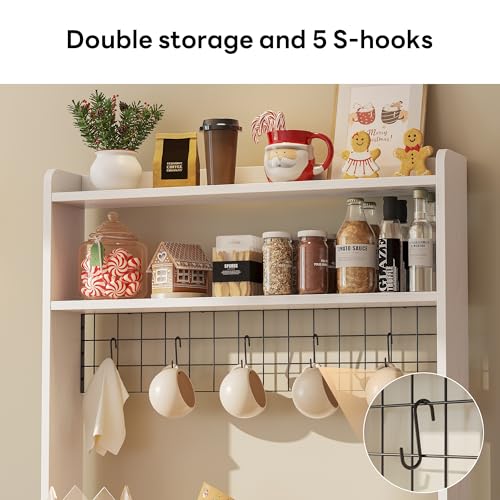 LIKIMIO Baker Rack with Power Outlet & Drawer, Coffee Bar Cabinet with Storage, Farmhouse Microwave Stand with Hutch and 5 Hooks for Kitchen, White LIKIMIO