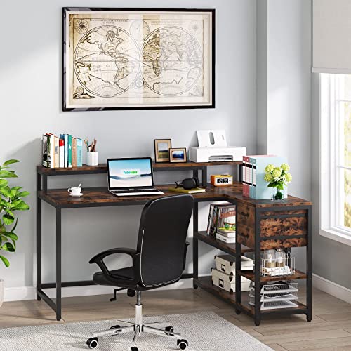 Tribesigns Rustic L Shaped Desk with Drawers and Shelves for Home Office Tribesigns