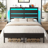 Rolanstar Queen Bed Frame with LED Lights and Charging Station, Wood Storage Headboard and Under Bed Storage, Metal Platform, Noise Free, No Box Spring Needed, Balck Oak Rolanstar
