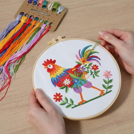 Shimmeroo Funny Animal Embroidery Kits for Beginners, Hand Embroidery Kit for Adults, Rooster Flower Pattern Cross Stitch DIY Needlepoint Kit with Hoops & Fabric Shimmeroo