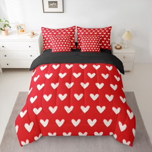 Erosebridal Red White 7 Pcs Comforter Set Twin Cute Heart Pattern Bed in a Bag for Kids Boys Girls Valentine Day Quilt Cartoon Love Geometric Sheet Set Love Heart Soft Warm Bedding Set Bedroom Decor Erosebridal