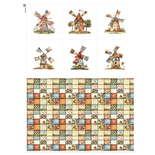 Patchwork Fabric Panel with Windmill Designs – 100% Cotton Satin, 6 Printed Panels 10”×10” + Patchwork Sheet 29.5”×19.7”, Single Continuous Cloth for Quilting & Sewing Fabricstown