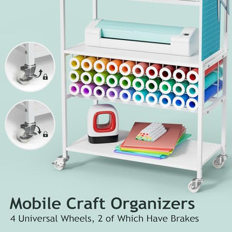Homsorout Movable Heat Press Table - Heat Transfer Machine Stand Compatible for Cricut, Vinyl Roll Holder, Rolling Metal Wood Sublimation Printer Organizer for T Shirt Maker Craft, 23.6''×19.6'' Homsorout