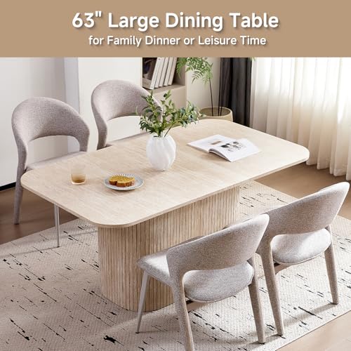 Valivestia 63" Large Dining Table for 4 6, Rectangular Farmhouse Modern Kitchen Dinner Table with Rounded Corners & Wood Strip Pedestal Base Rectangular for Dining Room, Stone Patterned Valivestia