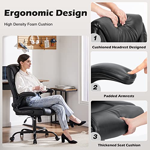 DUMOS Office Chair - Ergonomic Executive Computer Desk Chairs with Adjustable Flip-up Armrest, Swivel Task Chair with Lumbar Support, Strong Metal Base, PU Leather, Black DUMOS