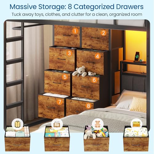 Twin Over Twin Bunk Bed with 8 Storage Drawers, Upholstered Storage Headboard, Charging Station and LED Lights, Heavy-Duty Metal Bunk Bed with Safety Guardrail & Ladder, Twin Bunk Beds for Kids, Teens mojiasion
