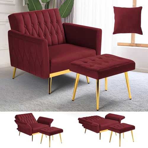 ACMEASE Velvet Accent Chair with Adjustable Armrests and Backrest, Button Tufted Lounge Chair, Single Recliner Armchair with Ottoman and Pillow for Living Room, Bedroom, Red
