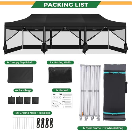 COBIZI 10x30 Heavy Duty Pop Up Canopy with 8 Sidewalls, Commercial Gazebo Party Tent with Mosquito Netting Wall Easy Set Up Outdoor Instant Screen Tent for Backyard, Patio, Garden, Black COBIZI