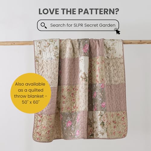 SLPR Secret Garden Patchwork Cotton Pieced Quilt Set - King with 2 Shams, Country Shabby Chic Bedding with Flower Pattern, Pink Floral Farmhouse Quilted Bedspread for All Seasons SLPR