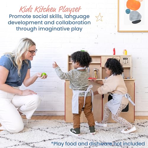 ECR4Kids 4-in-1 Kitchen, Sink, Stove, Oven, Microwave and Storage, Play Kitchen, Natural - WoodArtSupply