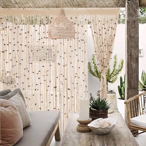 BECHAEO Macrame Beaded Curtain Boho Handmade Cotton Door String Curtain for Doorway Window Wooden Beads Hanging Hippie Room Divider Closet Bedroom Privacy Decor, 2 Panels 79" x 35" BECHAEO