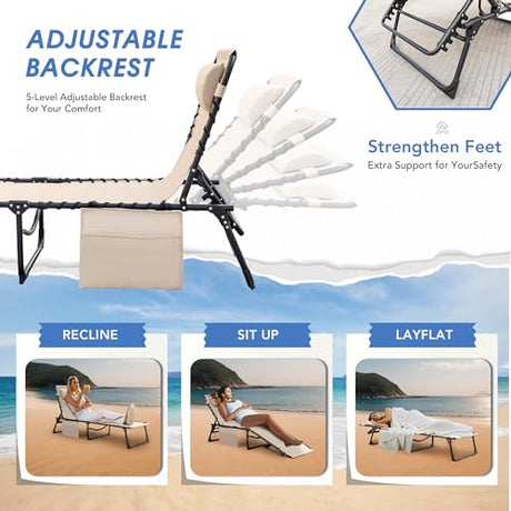 Flamaker Face Down Chaise Lounge Chair 5-Position Adjustable Sunbathing, Foldable Tanning Chair with Face& Arm Holes, Outdoor Recliner Chair for Pool, Beach, Patio, Lawn (Beige, 1 Pcs) Flamaker